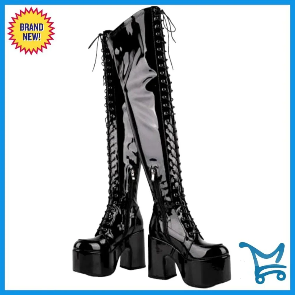 Thigh High Platform Boots Chunky Heel Lace Up Over Knee Gothic Style